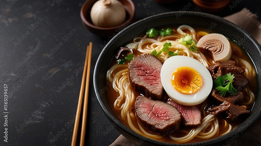 ramen noodle soup with chicken shiitake mushroms and egg in a bowl