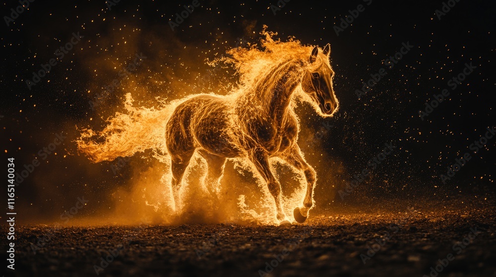 Fiery horse galloping with flames in nighttime scene. 2026 year red fiery horse according calendar Fiery horse galloping with flames in nighttime scene. 2026 year red fiery horse according calendar