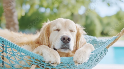 A golden retriever enjoying a peaceful nap in a blue hammock outdoors, surrounded by lush greenery and soft sunlight. Perfect for themes of relaxation, summer vibes, and pet lifestyle.  
 photo