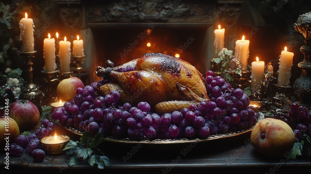 Obraz premium Lavish feast with roast turkey surrounded by grapes and candlelight ambiance. Happy Thanksgiving