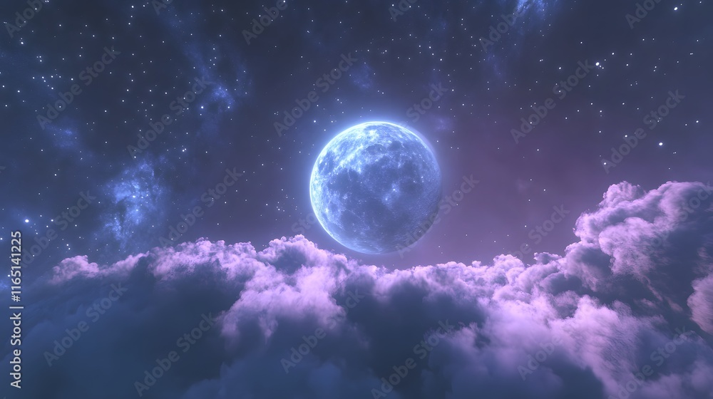 Serene Night Sky Moon Above Purple Clouds and Stars Serene Night Sky Moon Above Purple Clouds and Stars