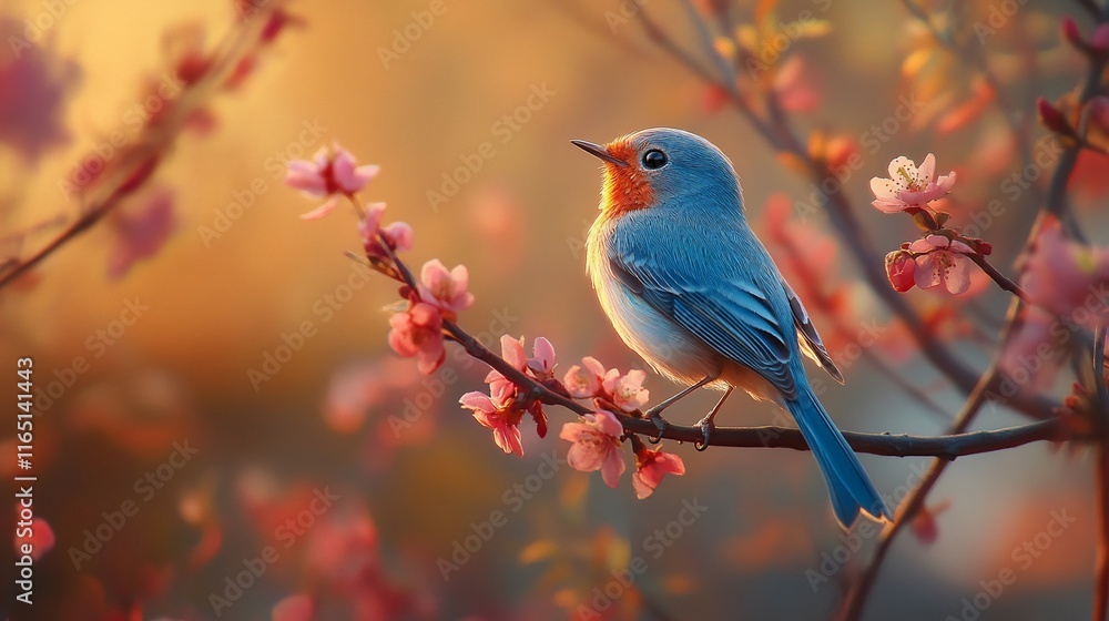 A bluebird perched on a branch of cherry blossoms at sunset. A bluebird perched on a branch of cherry blossoms at sunset.