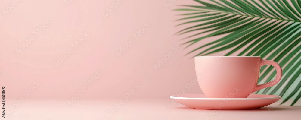 Pastel coffee idea. A serene scene featuring a pink cup and palm leaf against a pastel background. Pastel coffee idea. A serene scene featuring a pink cup and palm leaf against a pastel background.