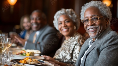 A group of people are sitting at a table with food and wine
