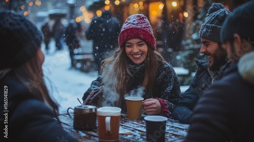 A group of people are sitting around a table with cups of hot chocolate