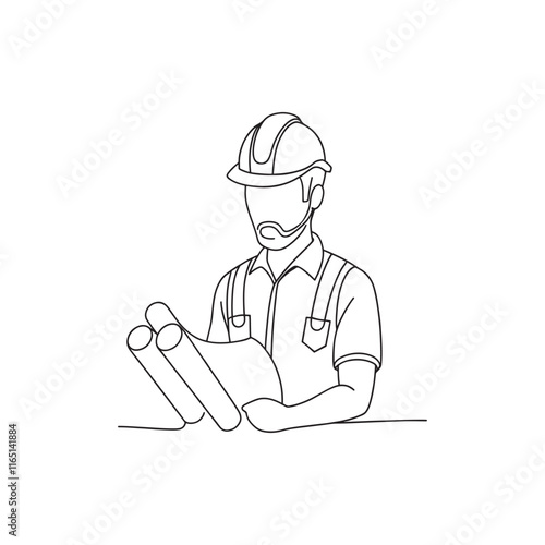 Cunstruction worker with blue print paper Hand drawn Continuous line art flat vector illustration on white background