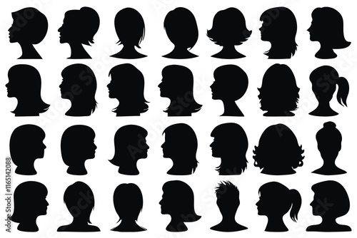 Female haircuts silhouettes set isolated flat vector illustration on white background.