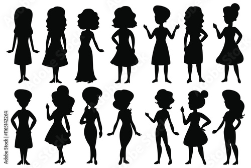 Girl and woman silhouettes set isolated flat vector illustration on white background