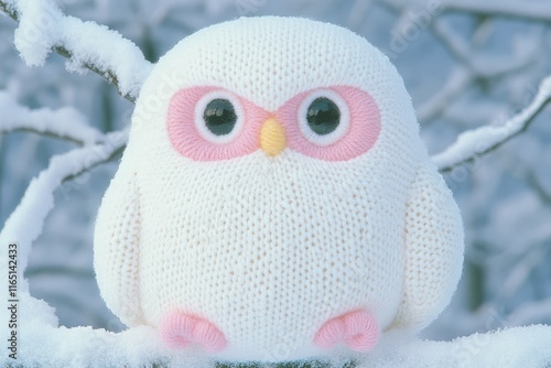 Knitted owl perched on snowy branch, surrounded by woolen snowflakes, soft pastel tones, cozy, super detailed high resolution. photo