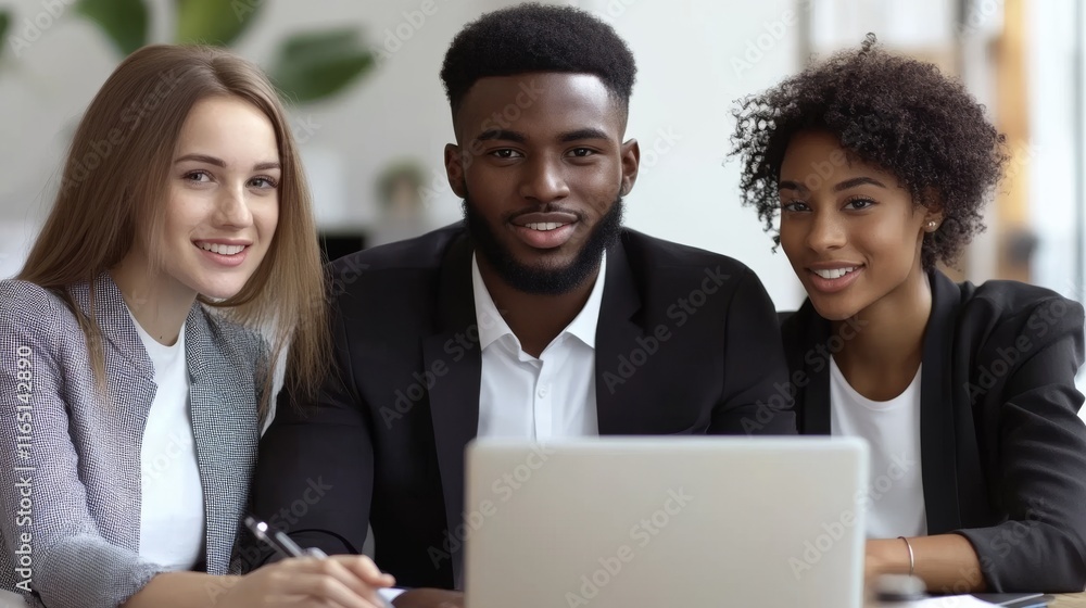 Three people are sitting at a table with a laptop in front of them Three people are sitting at a table with a laptop in front of them