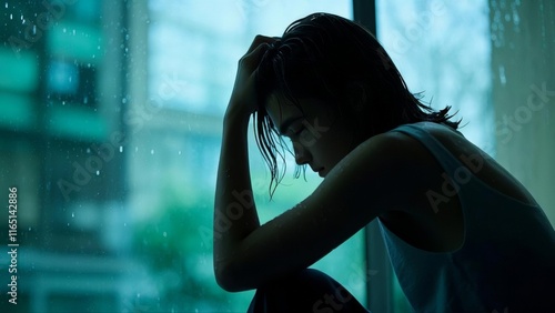 Silhouette of a teenager gazing pensively through a window, reflecting on introspection and the passage of time. photo