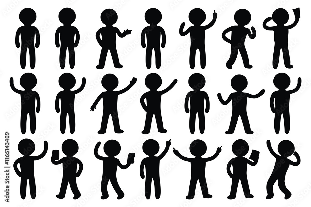 Stick figure man icon, silhouettes set isolated flat vector illustration on white background. Stick figure man icon, silhouettes set isolated flat vector illustration on white background.