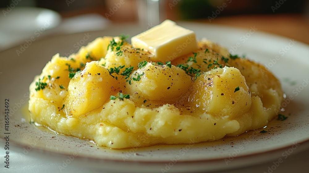 Creamy mashed potatoes topped with butter, herbs, and potato dumplings. Creamy mashed potatoes topped with butter, herbs, and potato dumplings.