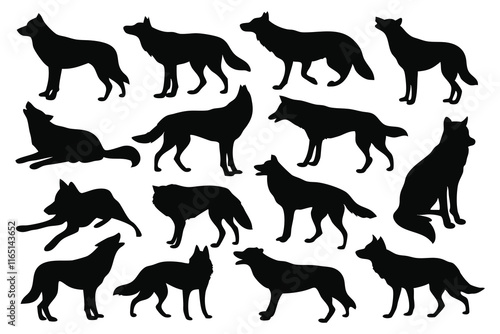 Wolf silhouettes set isolated flat vector illustration on white background.