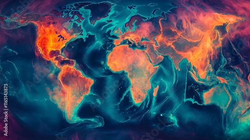 A high-tech thermal map of the globe, with intense data hotspots glowing in red and orange hues, surrounded by fading cool greens and blues, layered with futuristic holographic details, photo