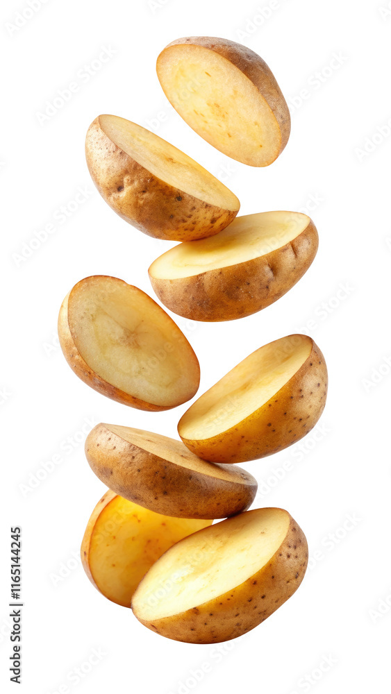 Fototapeta premium flying potato slices isolated on transparent white background, clipping path