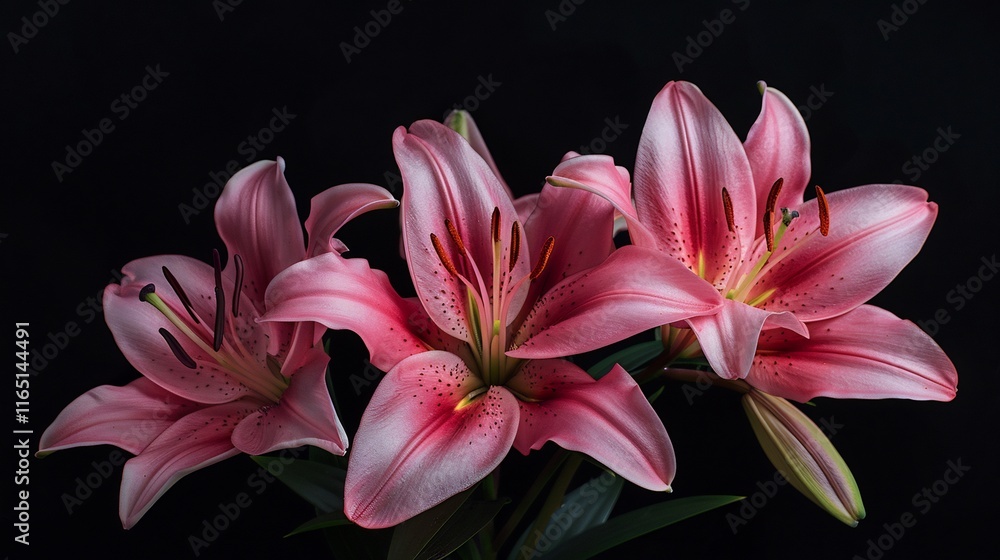 Fototapeta premium Elegant Pink Lilies Against a Dark Background: A Stunning Floral Still Life