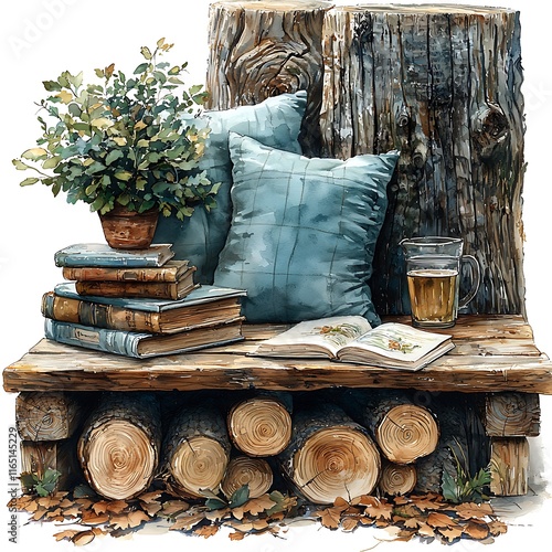 Cozy autumnal scene with books, pillows, a drink, and plants on a rustic wooden bench made from tree logs.