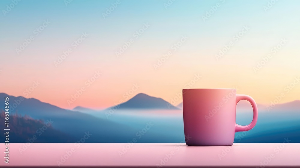 Pastel coffee idea. A serene view of a pink mug against a stunning mountain landscape at sunrise. Pastel coffee idea. A serene view of a pink mug against a stunning mountain landscape at sunrise.