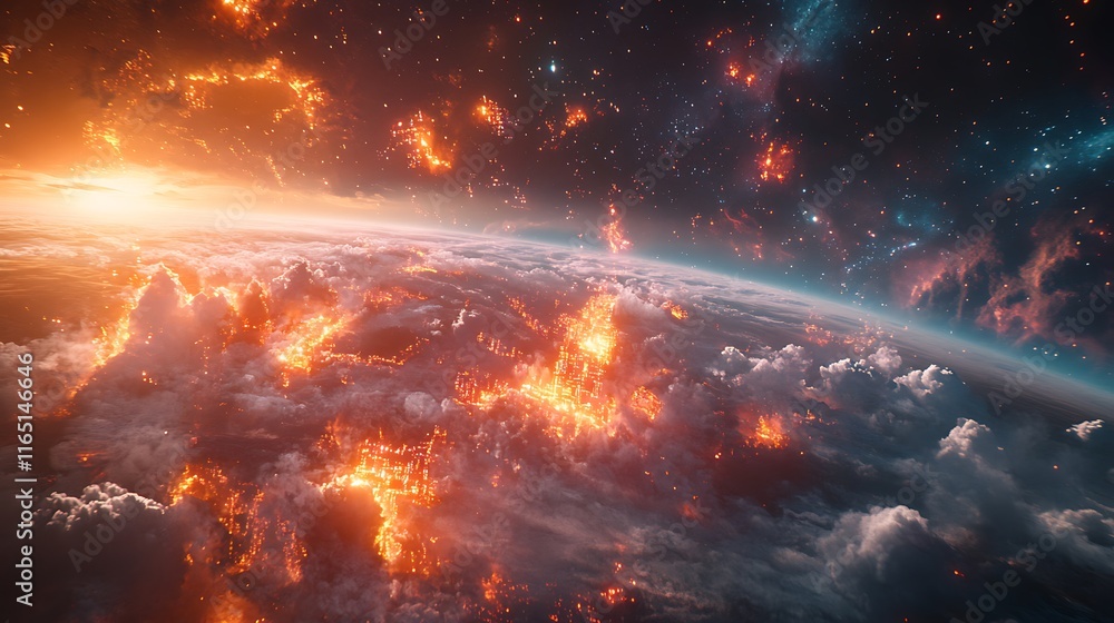 A stunning space view of Earth encased in holographic layers of data streams, vibrant nodes of information glowing in orbit, set against a backdrop of stars and galaxies, cinematic lighting, A stunning space view of Earth encased in holographic layers of data streams, vibrant nodes of information glowing in orbit, set against a backdrop of stars and galaxies, cinematic lighting,