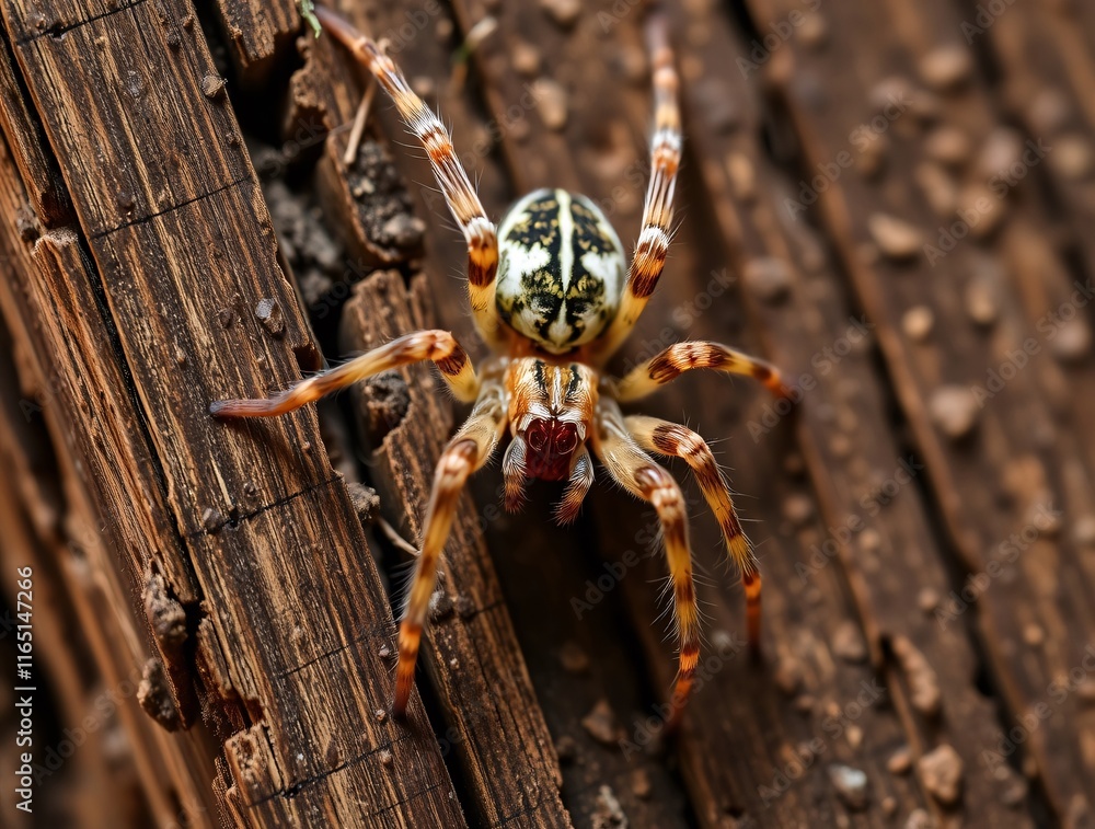 Close-up of a spider crawling on weathered wooden surface in nature Close-up of a spider crawling on weathered wooden surface in nature