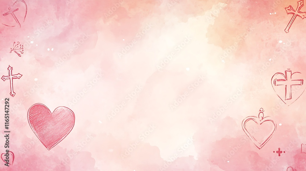 Pink Watercolor Background With Hearts And Crosses Pink Watercolor Background With Hearts And Crosses
