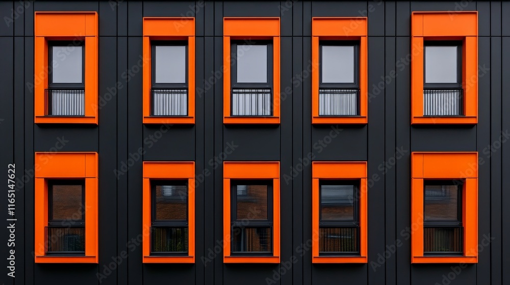 Obraz premium Architectural Symmetry: Orange Windows on Dark Facade 