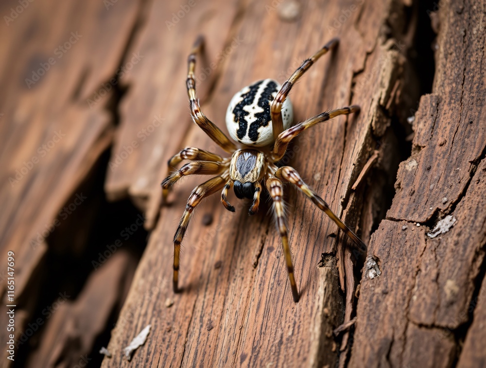 Close-up of a spider crawling on weathered wooden surface in nature Close-up of a spider crawling on weathered wooden surface in nature
