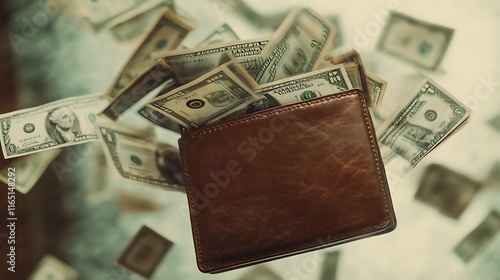 Money flying from wallet indoor setting visual content dynamic environment close-up view financial concept