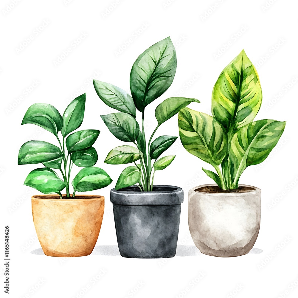 Fototapeta premium Watercolor illustration of three potted houseplants, featuring a Zamioculcas zamiifolia, a Spathiphyllum, and a Dieffenbachia, in terracotta, gray, and beige pots.