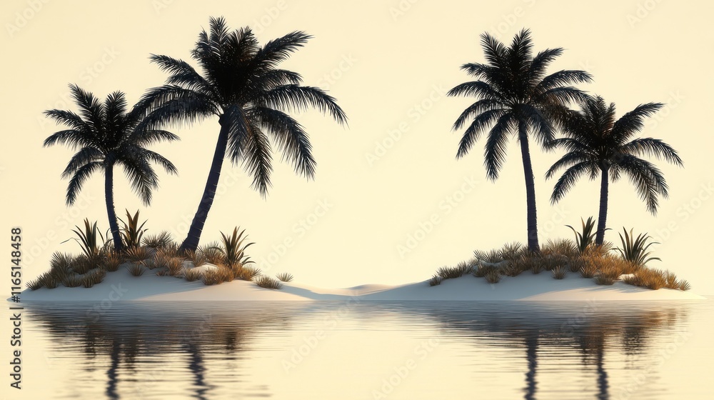Fototapeta premium Two tropical islands with palm trees at sunset.