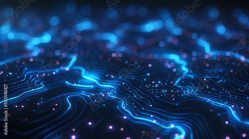 A captivating futuristic digital technology abstract background dominated by a brilliant blue hue, adorned with intricate neon lines, geometric patterns and Electronic circuit board lines