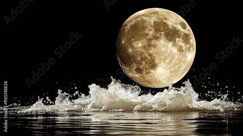 Large full moon rising over ocean waves at night. photo