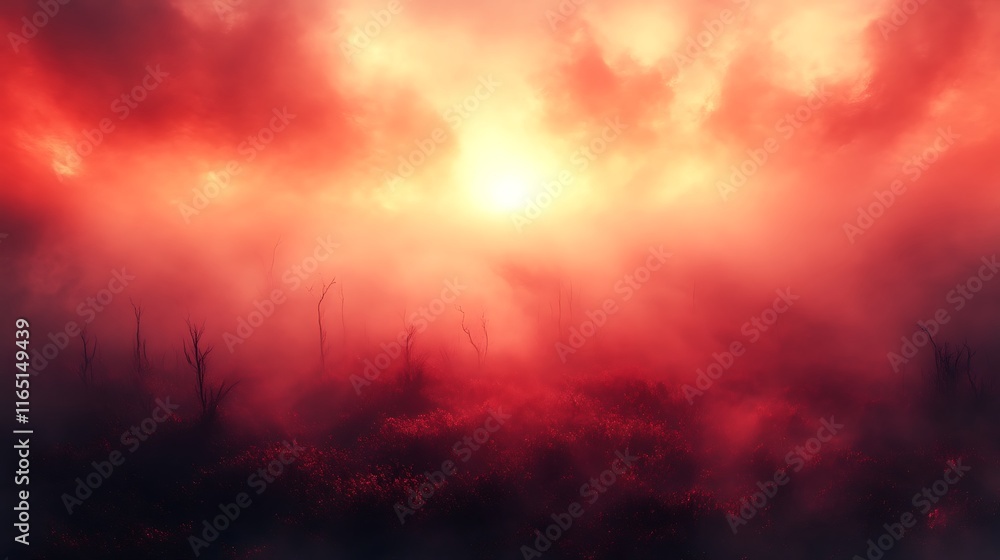 Fototapeta premium Crimson Sunset Over Foggy Marshland With Bare Trees