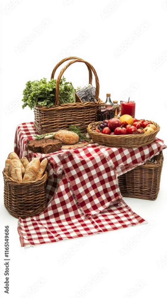 Rustic Picnic Basket with Fresh Food and Red Plaid Tablecloth Rustic Picnic Basket with Fresh Food and Red Plaid Tablecloth