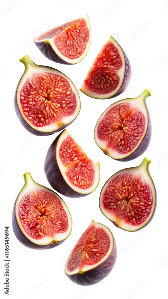 flying fresh figs slices isolated on transparent white background, clipping path flying fresh figs slices isolated on transparent white background, clipping path