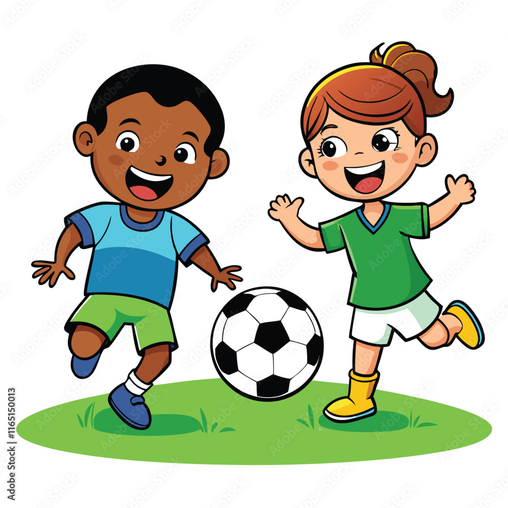 Two kids kicking a soccer ball with joyful expressions isolated on white background
