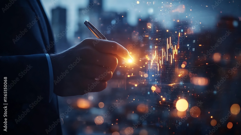 Analyzing market trends through data visualization city skyline business concept nighttime close-up financial insights Analyzing market trends through data visualization city skyline business concept nighttime close-up financial insights