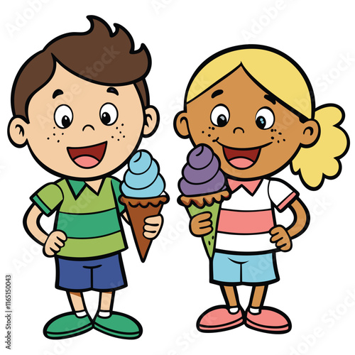 Two kids eating ice cream cones with smiles and happiness isolated on white background