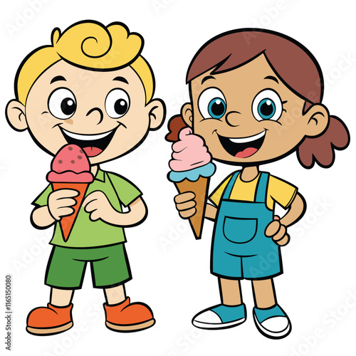 Two kids eating ice cream cones with smiles and happiness isolated on white background