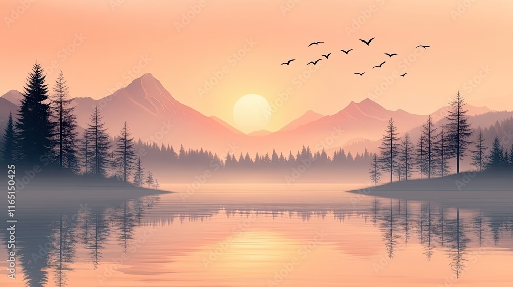 Obraz premium Serene sunset over misty mountains reflected on calm lake.