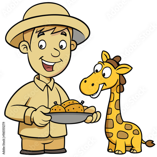 Zookeeper feeding a giraffe with a cheerful expression isolated on white background