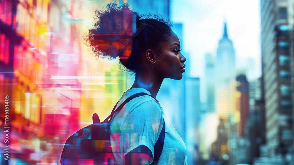 Obraz premium Black Woman Walking Through Colorful Digital Overlays in New York City