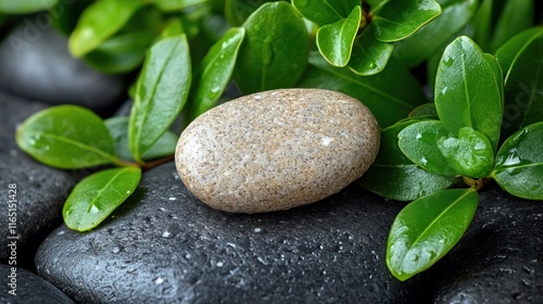 Wallpaper Mural Light beige stone on dark stones and green leaves. Torontodigital.ca
