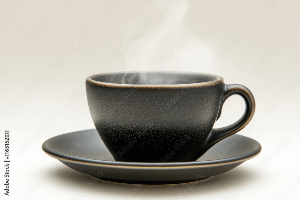 A steaming cup of coffee in a dark ceramic mug, sitting on a matching saucer. A steaming cup of coffee in a dark ceramic mug, sitting on a matching saucer.