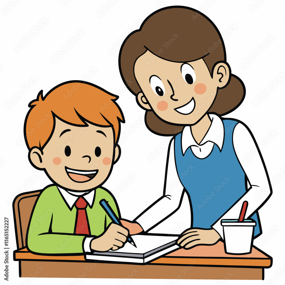 Teacher helping a student with homework both smiling isolated on white background Teacher helping a student with homework both smiling isolated on white background