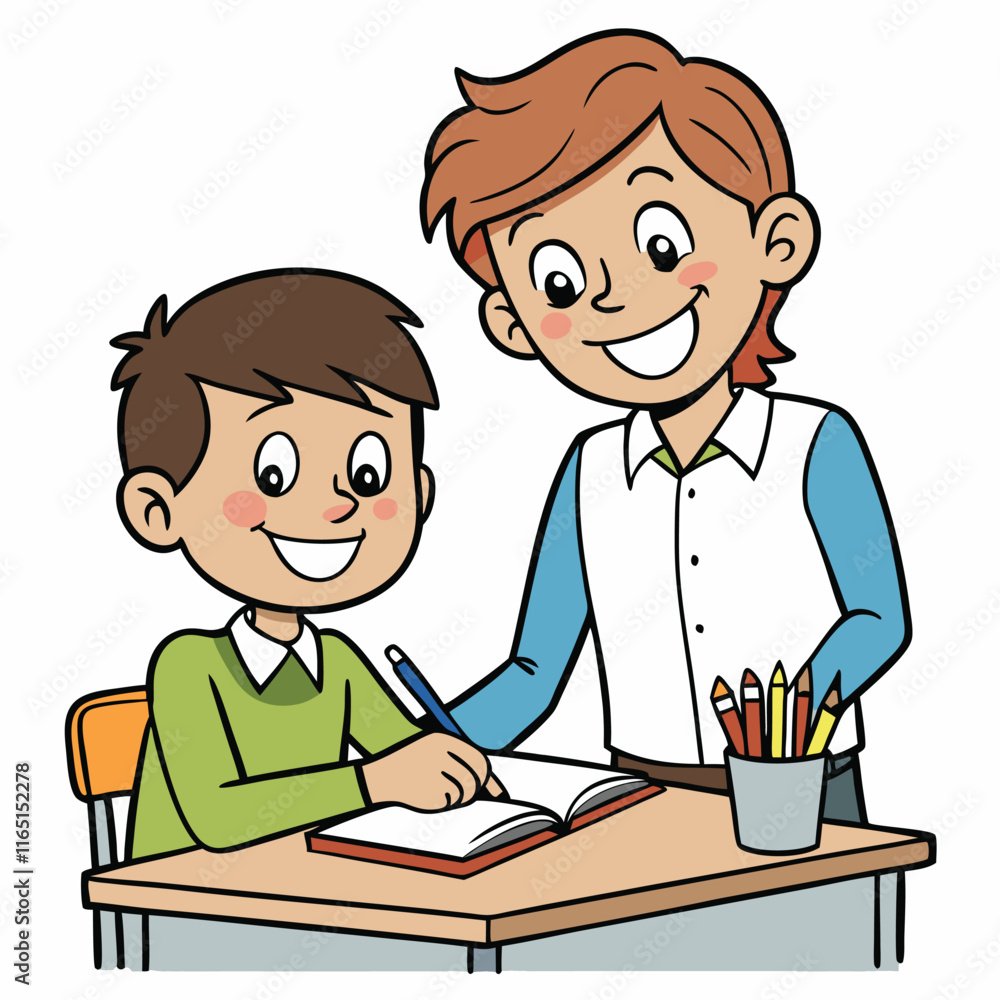 Teacher helping a student with homework both smiling isolated on white background Teacher helping a student with homework both smiling isolated on white background