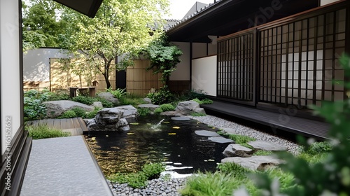 Traditional Japanese garden with a small pond