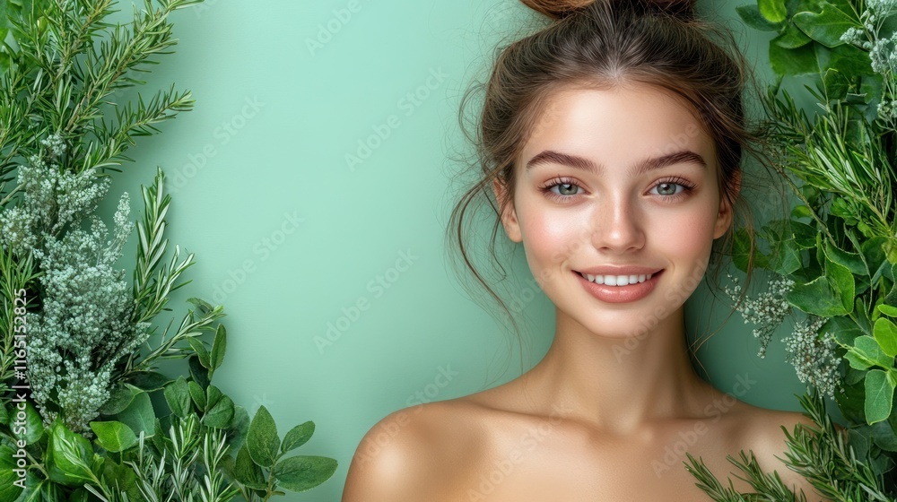 A young woman smiling amidst lush green foliage on a soft pastel background.