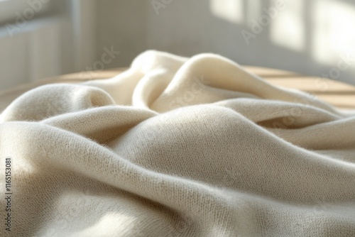 Soft, creamy beige knitted fabric draped elegantly, showcasing its texture and luxurious feel.